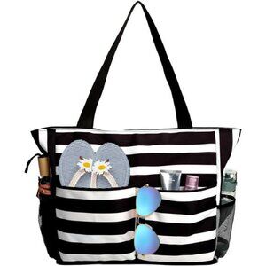 Stylish Black & White Striped Beach Tote Bag with Multiple Pockets